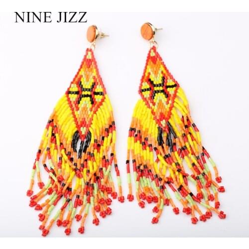 NINEJIZZ Bohemian Long Tassel Earrings Handmade Feather Shape Beaded Pendant Earrings Wedding Party Drop Jewelry Earrings