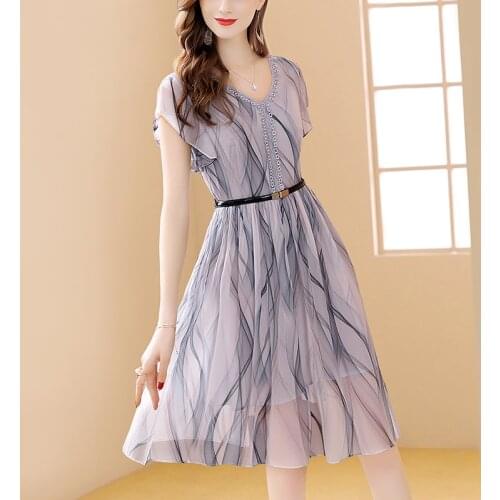 Sashes Chiffon Party Summer Dresses V-Neck A-Line Ladies Casual Dresses Floral Sweet Stripe Printed Short Sleeve Dress