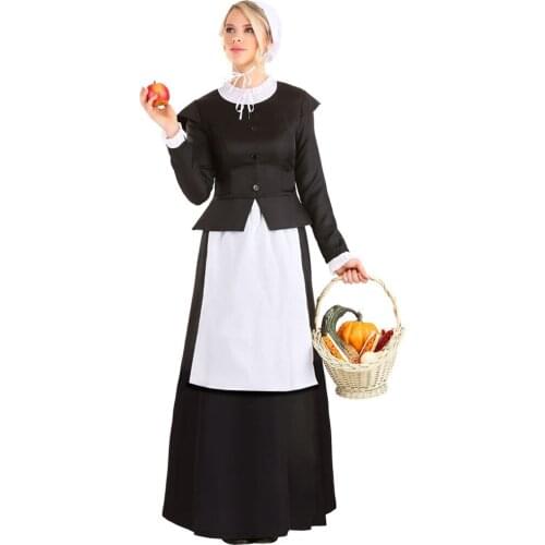 Sexy Adult Woman Pastoral Farm Maid Costume Black&White French Maid Costume Halloween Party Long Dress