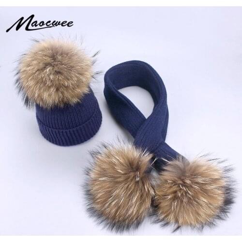 Newborn Baby Knit Hat+Scarf 2Pcs Children Outdoor Solid Color Scarves Winter Warm Real Fur Pompon Bonnet Suit Infant Unisex Set