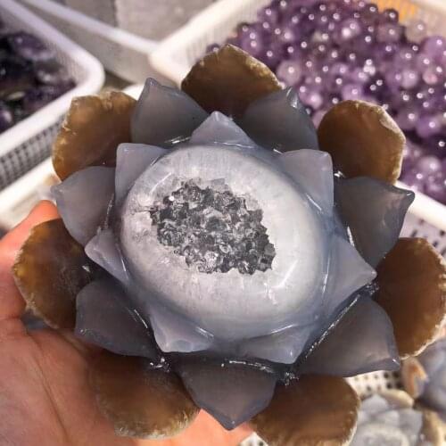 High Quality Natural Agate, Hand-Carved Water Lotus And Flower Center With Crystal Hole, Home Energy Decoration