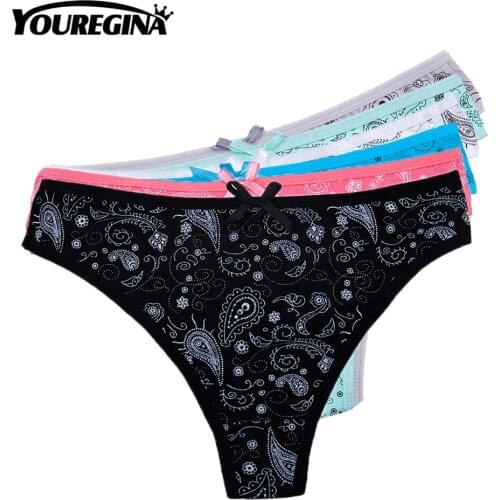 YOUREGINA Women Thong G-Strings Sexy Cotton Panties Ladies Underwear Female Lingerie Print Bowknot Solid 6pcs/lot Black Blue