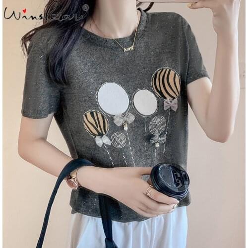 Summer 2021 Design T-shirt Women Balloon Diamonds Pearl Cotton O-neck Short Sleeve Cute Preppy Style Casual Tops Tees T17520A