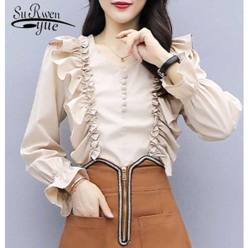 V-neck Chiffon Blouse Women Vintage Woman Shirt Autumn Elegant Ruffles Korean Clothes Office Lady Chic Blusas with Button 10911