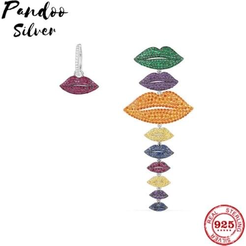 Pandoo Fashion Charm Sterling Silver Original 1:1 Copy,Asymmetric Multicolor Lips Earrings Luxury Jewelry Gift For Femal