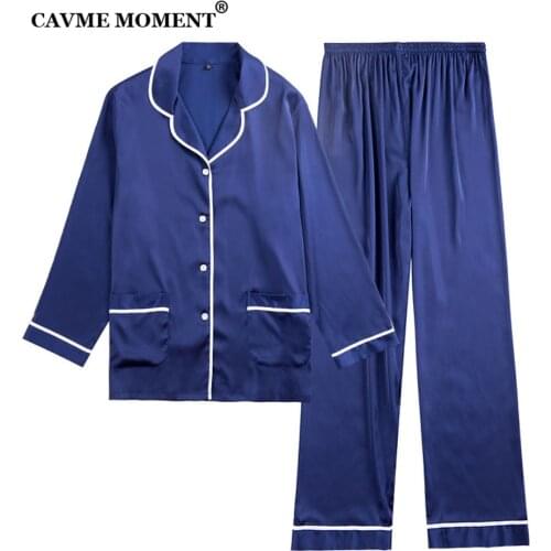 CAVME Satin Silk Pajama Sets for Lover Solid Color Women Pajama Full Sleeve Pants Soft Sleepwear Homewear PLUS SIZE