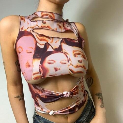 Gothic Punk Style Women Tank Tops Summer Graphic Print Vest E-girl Streetwear Y2K Aesthetic Bodycon Hollow Out Sexy Crop Top