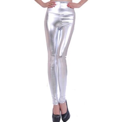 Lady Fashion Slim Sexy High Waist Leggings Women Shiny Silver Leggings High-Waisted Stretch Pencil Pants