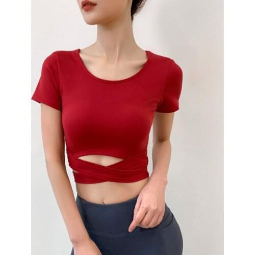 Yoga Shirts Women Summer And Autumn Cushioning Sexy Top Gathering Strap Slim Navel Movement Slim Short Sleeve T-Shirt