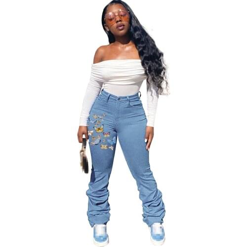 Women Bell Bottom Pants Fashion Butterfly Print Stacked Jeans Women Casual Skinny Mid Waist Dark Blue Jeans
