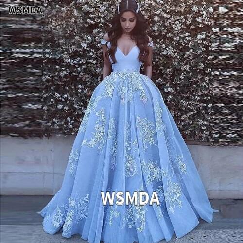Elegant Off the Shoulder Ball Gown Satin Prom Dresses 2021 robe de soiree Lace Appliques Prom Evening Gown Quinceanera Gowns