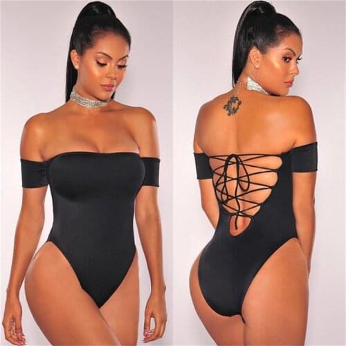 Women Short Sleeve Bodysuit Summer Off Shoulder Jumpsuit Blackless Lace-up Bodysuit Ladies Casual Slim Leotard Top Playsuit