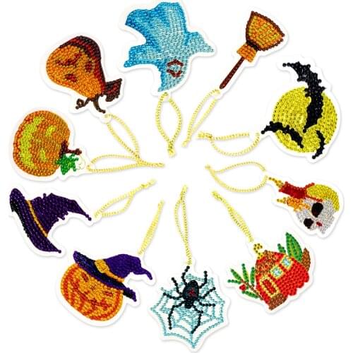 10pcs DIY Diamond Painting Halloween Pendant Full Drill Special Shaped Rhinestone Diamond Pumpkin Spider Ghost Mosaic Ornament