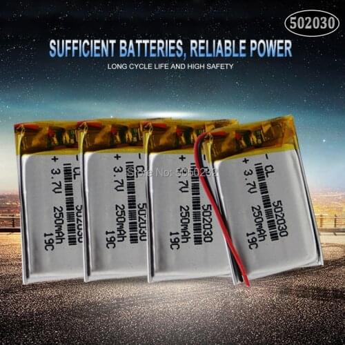 4pc 3.7V 250mAh 502030 polymer lithium Rechargeable Battery For toys LED light Tachograph Car DVR Bluetooth Earphone MP3 MP4