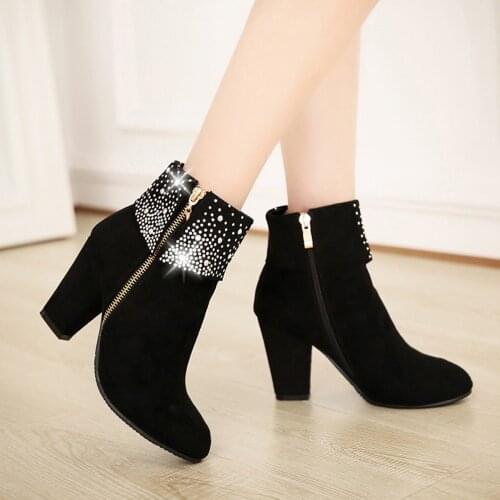 Women Boots Leather Square Heels Round Toe Comfortable Zipper Pumps Casual Warm Comfort Shoes Short Zipper Boots Botas Femininas