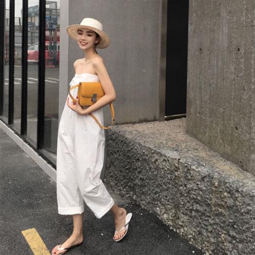 One-piece Pants Womens Summer 2021 New Casual Straight Loose Nine-point High Waist White Strap Tube Top Wide-leg Pants Women