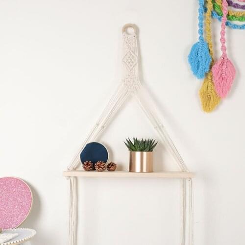 Cilected Macrame Tapestry Wall Hanging Shelf Wood Floating Shelf Boho Decor Cotton Rope Tassel Tapestry For Bedroom Living Room