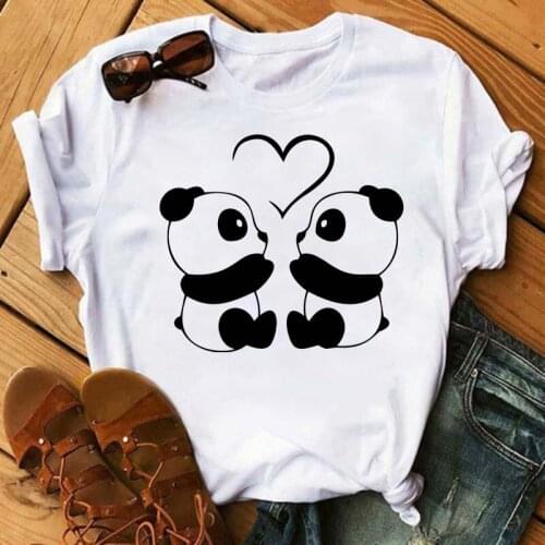Lovely Women T Shirts New Cartoon Panda Heart Printed T Shirt Female Summer Causal O Neck Short Sleeve Graphics Tees Tops