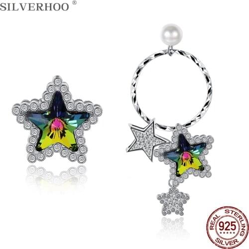 SILVERHOO 925 Silver Irregular Earrings For Women Big Hoop Star Drop & Star Stud Earrings With Colorful Crystal Wedding Jewelry