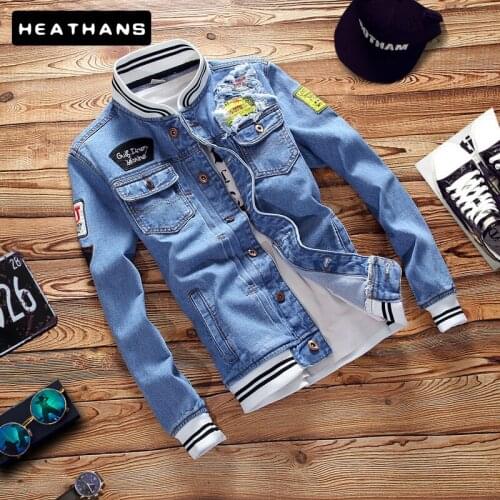 New Mens Jean Jacket European American Fashion Slim Denim Jacket Male Ribbed Long Sleeved Stand Denim Jacket Men Blue Size S-5XL