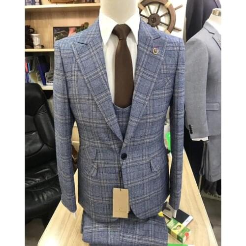 2020 Grey Plaid Suit Men 3 Pieces Slim Fit Wedding Suits for Men Formal Business Men Blazer Groom Tuxedo Jacket Vest Pants Set
