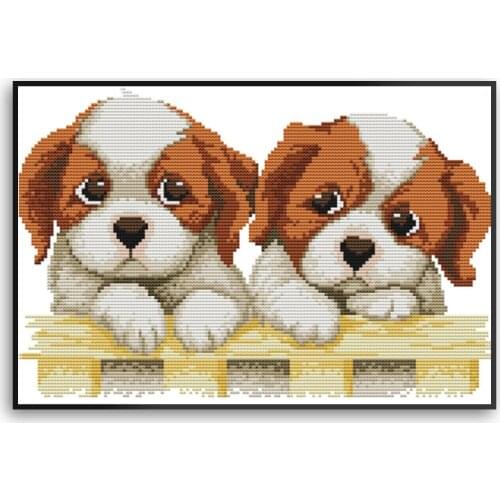 Joy Sunday Two Puppies Stamped Cross Stitch Kit Patterns 14CT 11CT Counted Print Handmade Embroidery Needlework Craft Home Decor