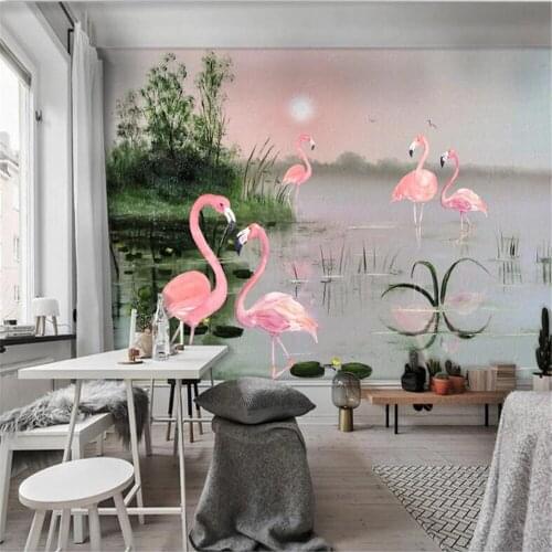 Milofi custom wallpaper mural modern minimalist small fresh lotus pond plant flamingo TV background wall decoration painting