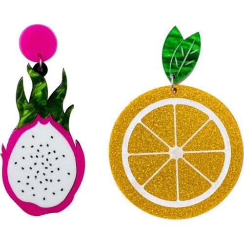 New European Exaggerated Acrylic Pineapple Strawberry Watermelon Avocado Pitaya Lemon Slices Fruit Earrings Dangle Food Earrings