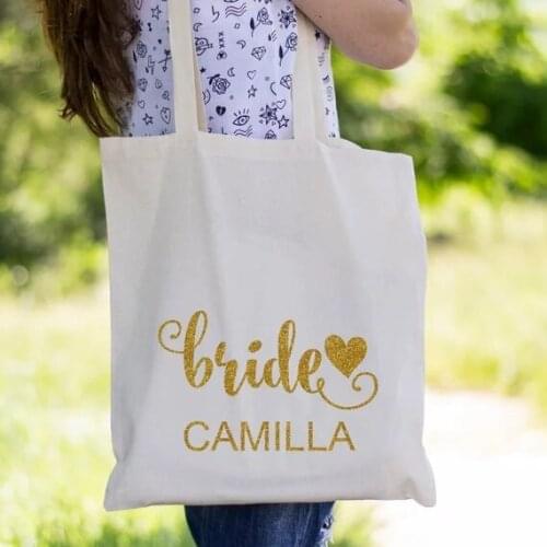 Personalize glitter wedding day bride bridesmaid canvas Tote Bags bridal shower thank you hen party company gift bags