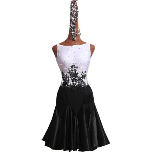 Latin Dance Competition Dress Performing Dress Latin Dance Skirt Female White and Black Flat Collar Embroidered Hip Skirt #LD237