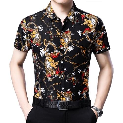 Summer Casual Man Dragon Print Shirt Fashion Lapel Button Mens Blouse Streetwear Short Sleeve Printing Dress Shirts