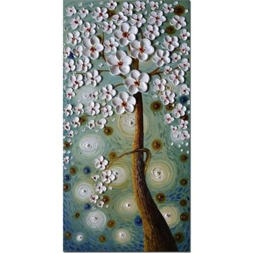 Hand Painted White Flower Paintings Tree Canvas Wall Art Paintings for Living Room Abstract Artwork Wall Decor