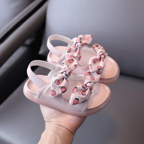Sandals for Girls Casual Butterfly-Knot Strawberry Print Fashion Cute Velcro Soft Sole Beach Shoes Summer Toddler Sandals 2021