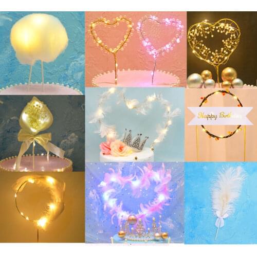 LED Light Glow Feather Angel Wing Cake Toppers Cupcake Dessert Topper Birthday Cake Decoration Wedding Festival Party Christmas