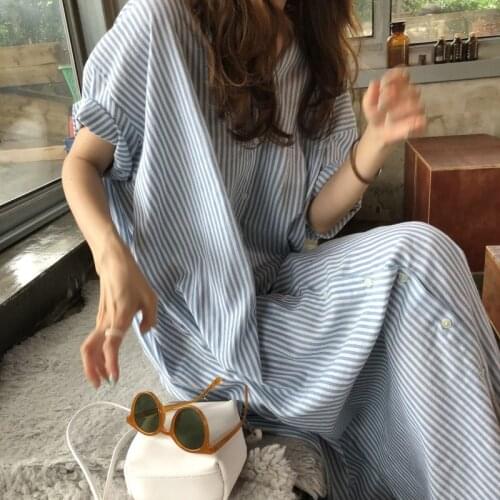 Retro Turn Down Collar Single Breasted Loose Batwing Sleeve Shirt Striped Casual Dresses for Women X409
