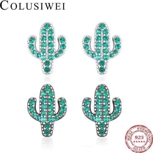 Colusiwei Genuine 925 Sterling Silver Green Cactus Plant Fashion Stud Earrings for Women Black Gold Plated Jewelry