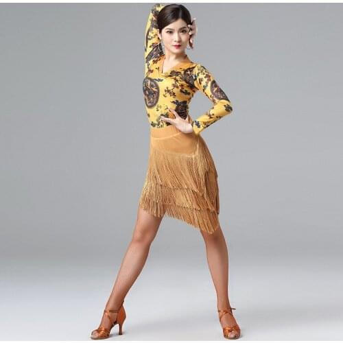 Floral Printed Women Dance Clothes Ballroom Dress Samba Sexy Party Dresses Stretchy Spandex Latin Costume 2 Pieces (Top + Skirt)