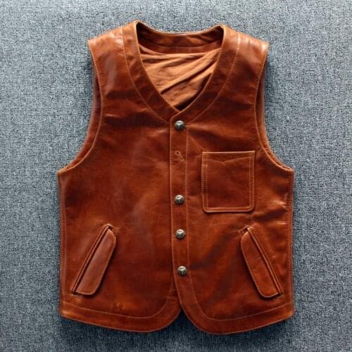 Vintage Genuine Japanese Vest Mens Real Cowhide Waistcoat Safari Style Slim Fit Sleeveless Leather Jackets Coat