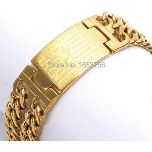 Gold Pure Stainless Steel Double Curb Link Chain Bracelet Mens Spanish Cross ID Bangle 22MM 8.66