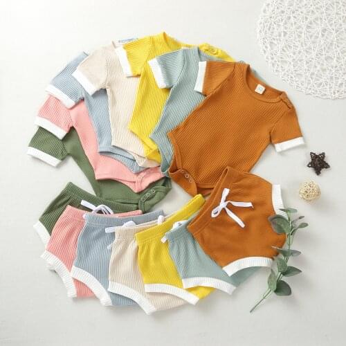 2Pcs Newborn Infant Baby Girl Clothing Set Solid Cotton Short Sleeve Romper Top Shorts Outfit 0-24M
