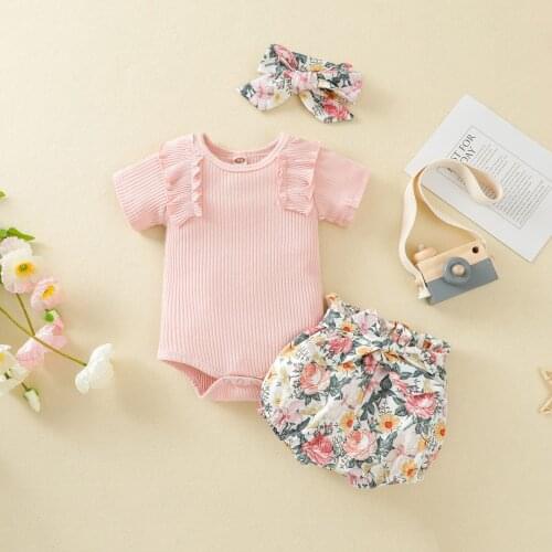 3Pcs Baby Summer Outfits Solid Color Ribbed Short Sleeves Romper + Floral Print Shorts + Hairband for Toddler Girls Sunsuit