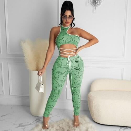 Adogirl Women Sexy Cut Out Jumspuit Fashion Print Sleeveless Criss-Cross Lace Up Bodycon One Piece Overalls Night Club Outfits