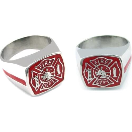 Free Shipping Punk Stainless Steel Silver color Black Red color Enamel Fire Department Ring Fire Dept Rings Gift for Firemen