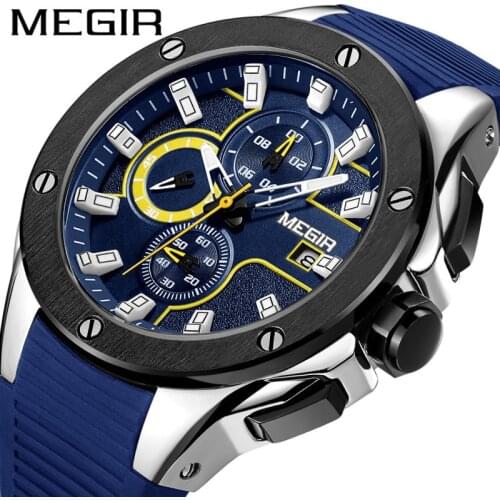 MEGIR 2021 New Fashion Luxury Personality Trendy Mens Watch Men Calendar Silica Gel Quartz Luminous Relogio Masculino 2053G