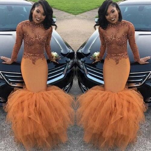 Black Girls Mermaid Prom Dresses 2019 New Design Lace Appliques Illusion Ruffles Formal Dress Plus Size Evening Gowns DP0240