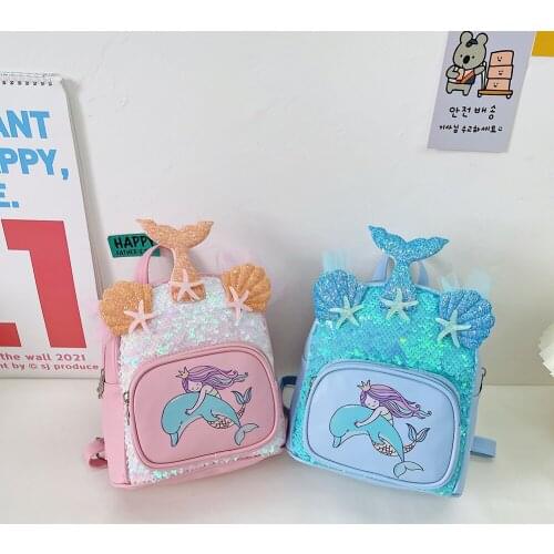 Kids Kindergarten Cute Leather Cartoon Print Backpack Girls Sequin Knapsack