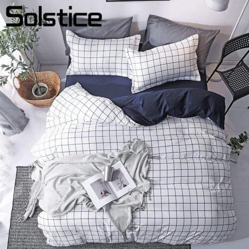 Solstice Home Textile Simple Nordic Bedding Linen Set For Teen Boy Girls White Blue Plaid Duvet Cover Pillow Case Flat Bed Sheet