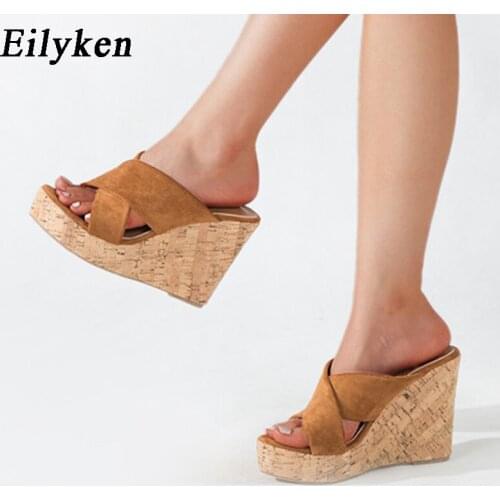 Eilyken Fashion Round Toe Wooden Slippers Sandals Flock High Quality Thick Bottom Solid Wedges Brown Summer Casual Slides