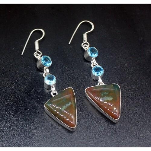 Gemstonefactory Big Promotion 925 Silver Ocean Jasper Blue Topaz Gorgeous Women Ladies Gifts Dangle Drop Earrings 20212158