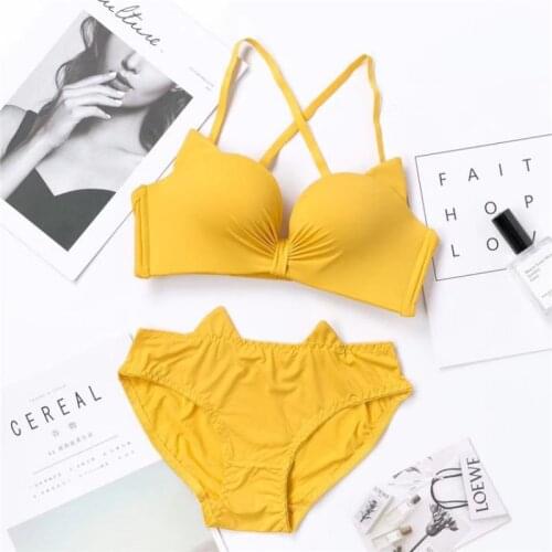 Fashion Bra+ Pants Sets Sexy Cat Ear Underwear Wire Free Push Up Bra Set Women Seamless Lingerie Lovely Bow Girl Yellow Bras